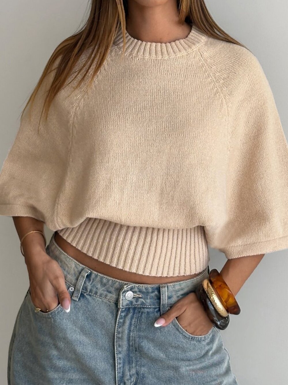 Apricot Casual Women's Round Neck Batwing Slim Fit Rib-Knit Pullover - Picture 3 of 6